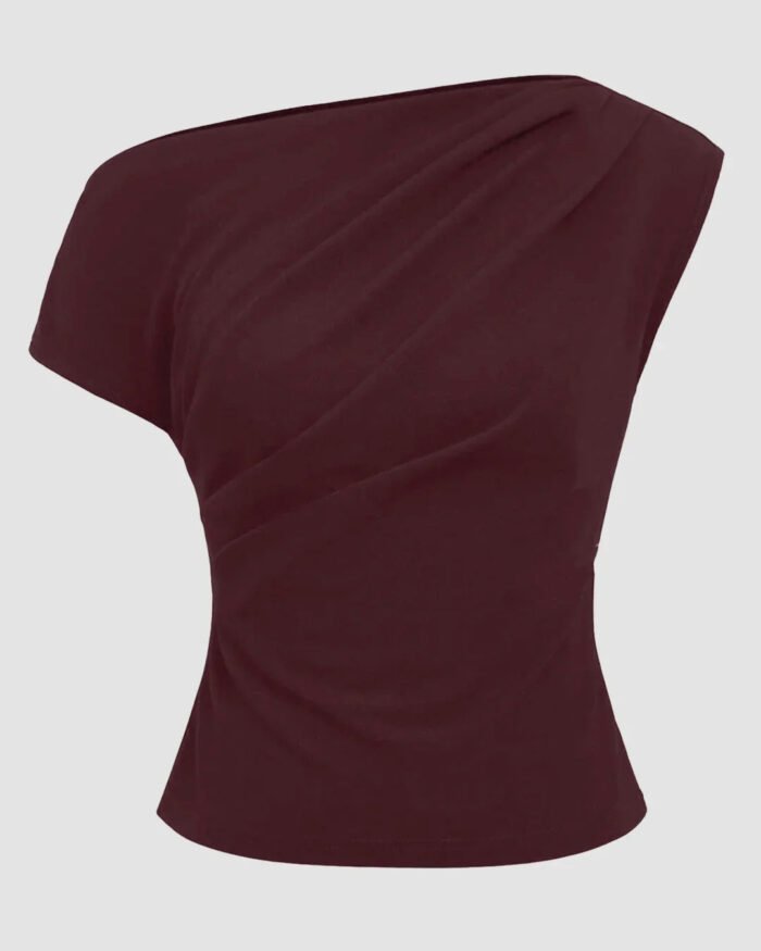 Draped One Shoulder Asymmetrical Top in Maroon
