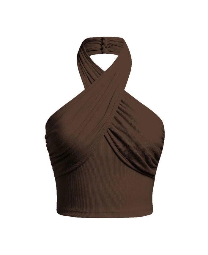 Cross-Folded Neckline Halter Backless Top in Chocolate Fondae