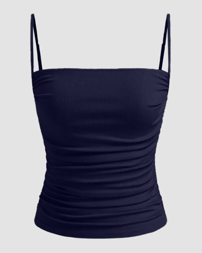 Ruched Fitted Sleeveless Top with Spaghetti Straps in Navy Blue