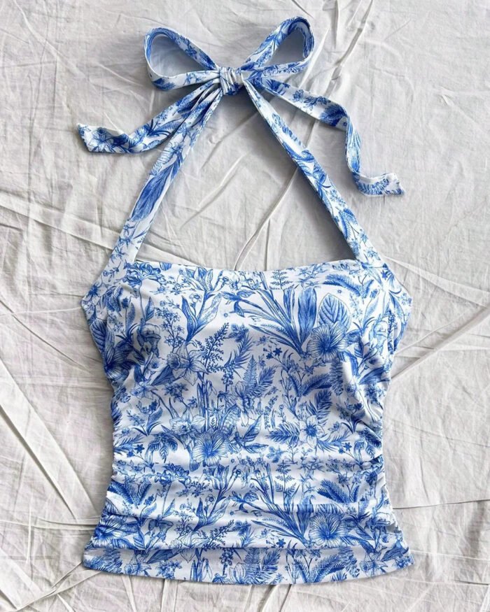Floral Ruched Halter Neck Top with Tie Straps
