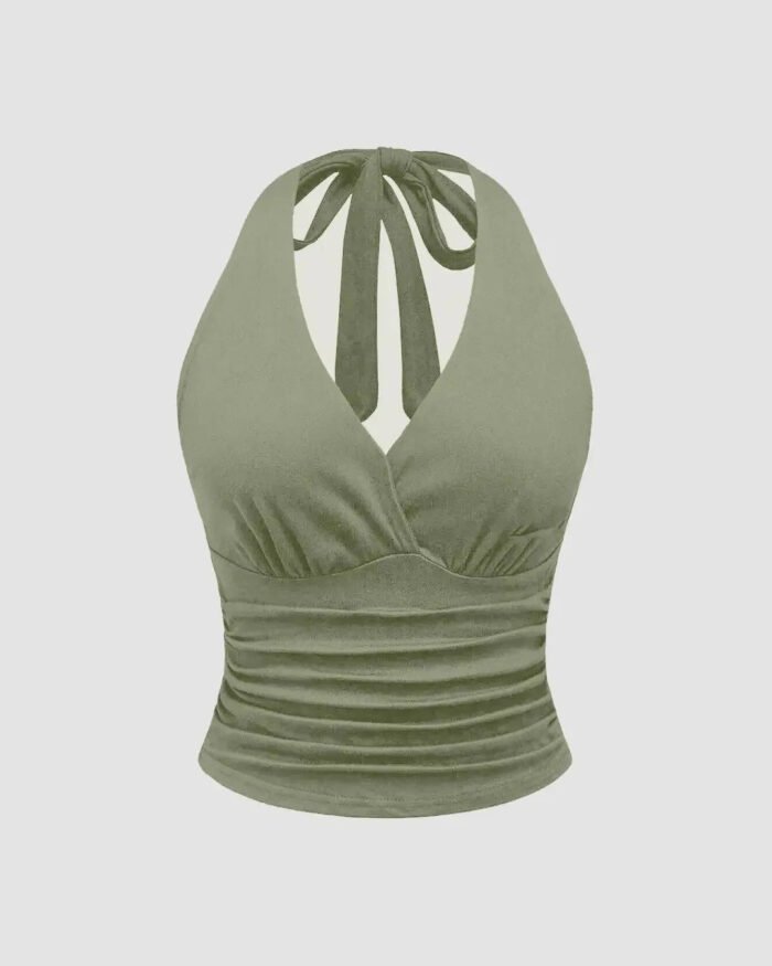 Halter Tie Waist Ruched Fitted Chic Glamour Herbal Green Tank Top