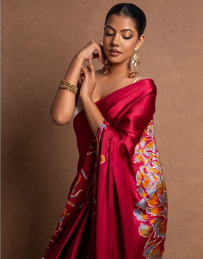 Women's Red Satin Screen Print Digital Print Saree
