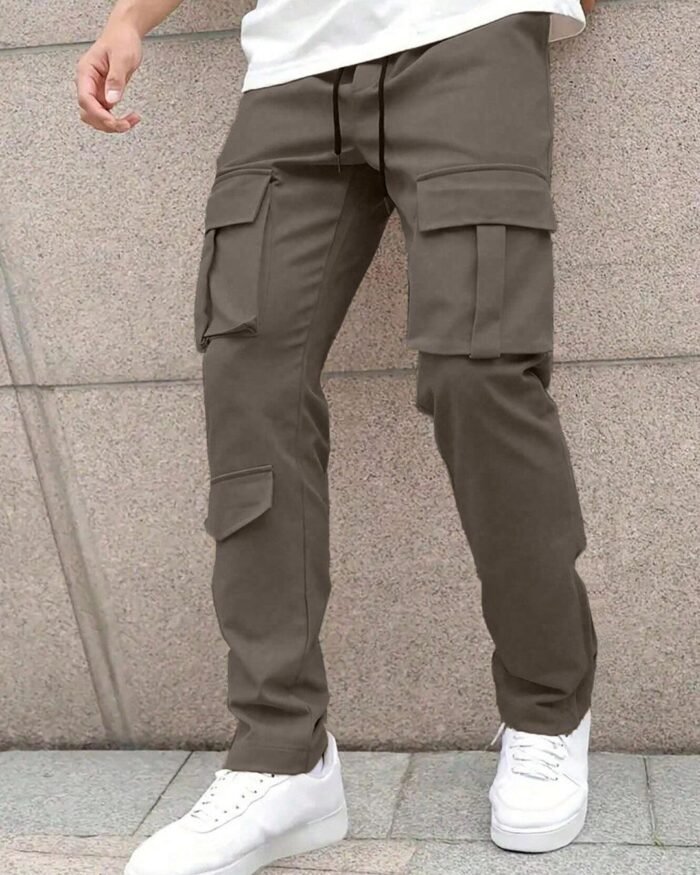 Men Solid Color Front Tie Pocket Simple Casual Straight Leg Cargo Pants