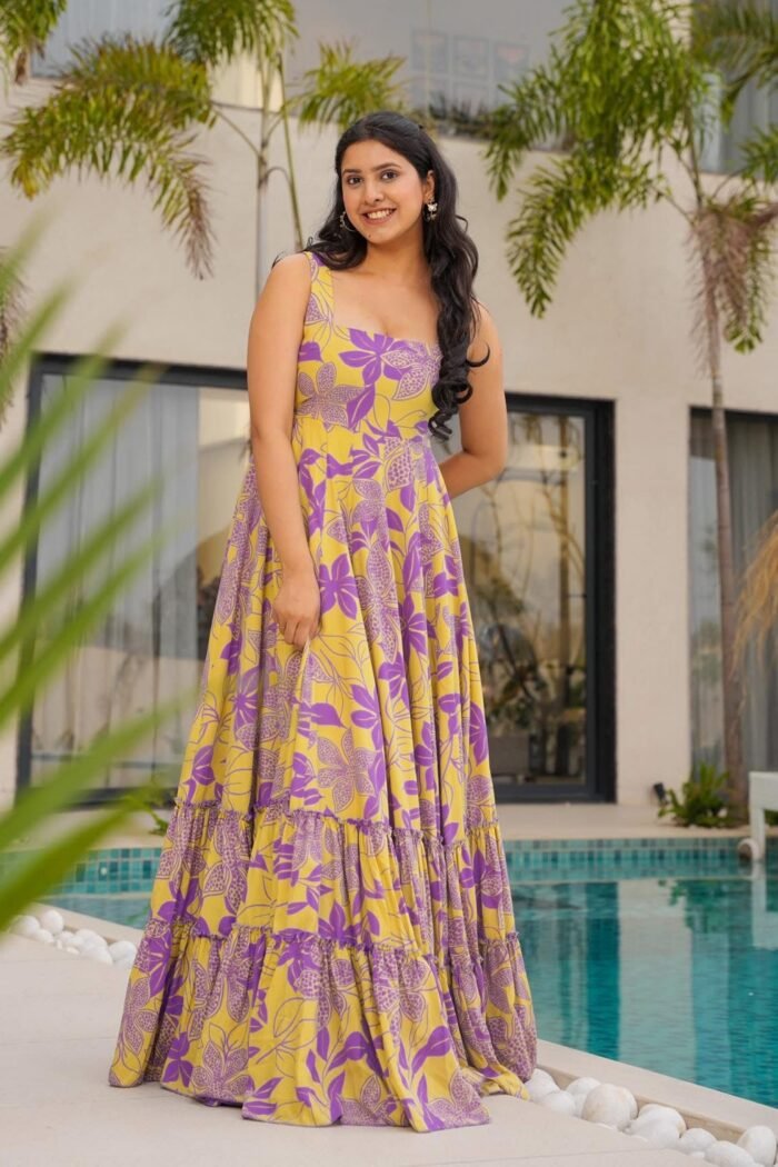 Women's Yellow Color Rayon Fabric Beautiful Floral Digital Printed Ceremonial Gown