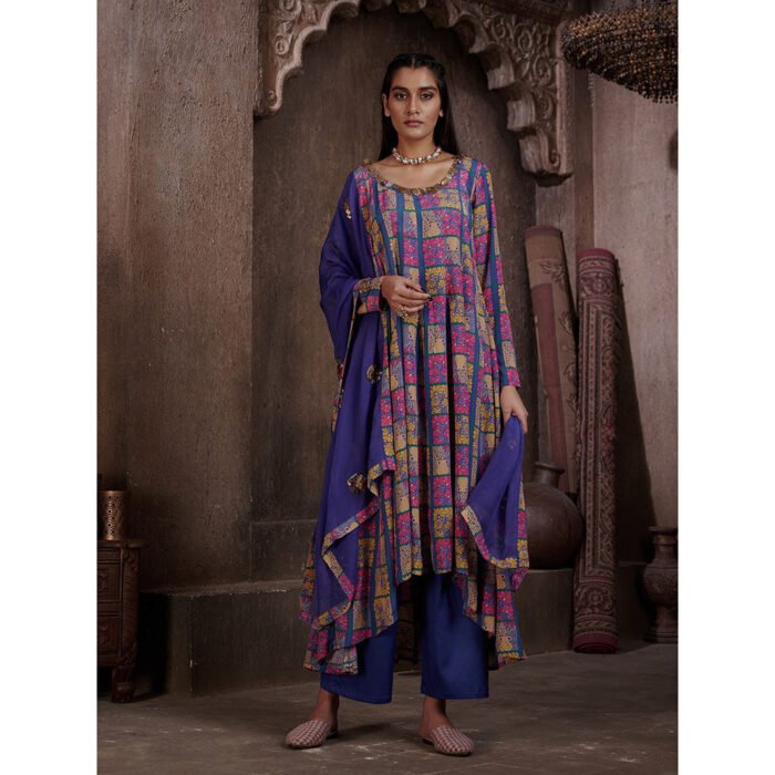 Hello Hi Aarya Blue Anarkali Kurta with Pant and Dupatta (Set of 3)