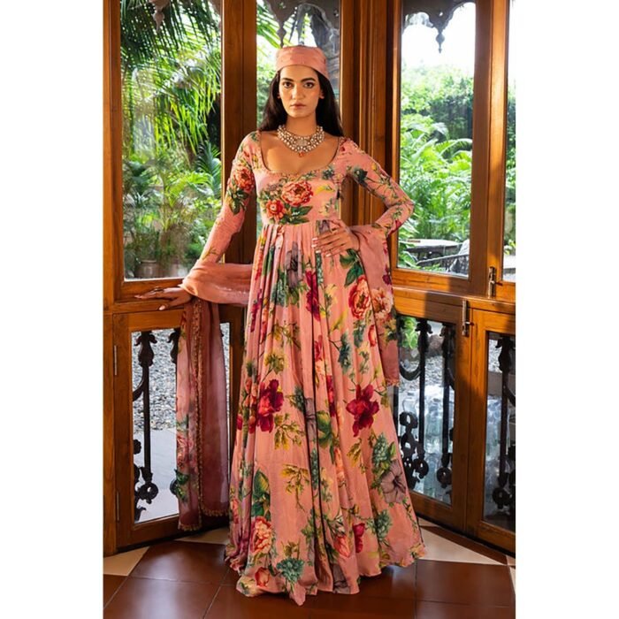Hello Hi Dusty Rose Floral Anarkali Kurta with Pant and Dupatta