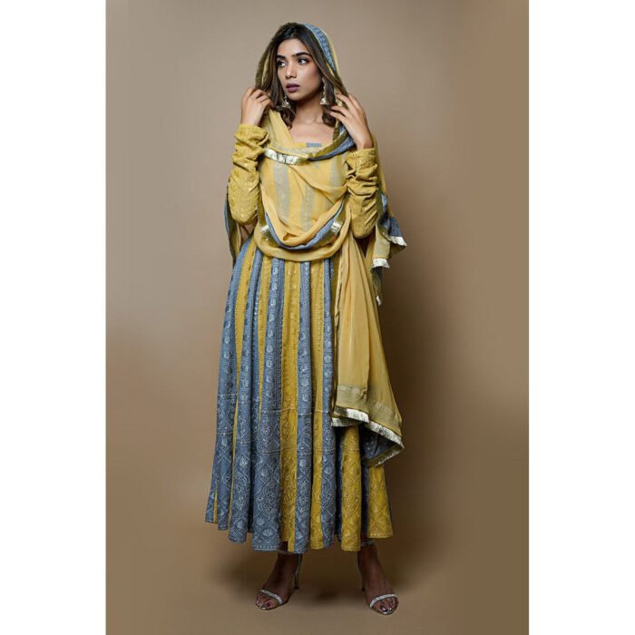 Hello Hi Yellow-Grey Chikankari Anarkali (Set of 3)