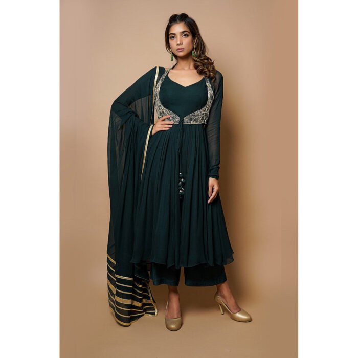 Hello Hi Bottle Green Anarkali Suit (Set of 4)