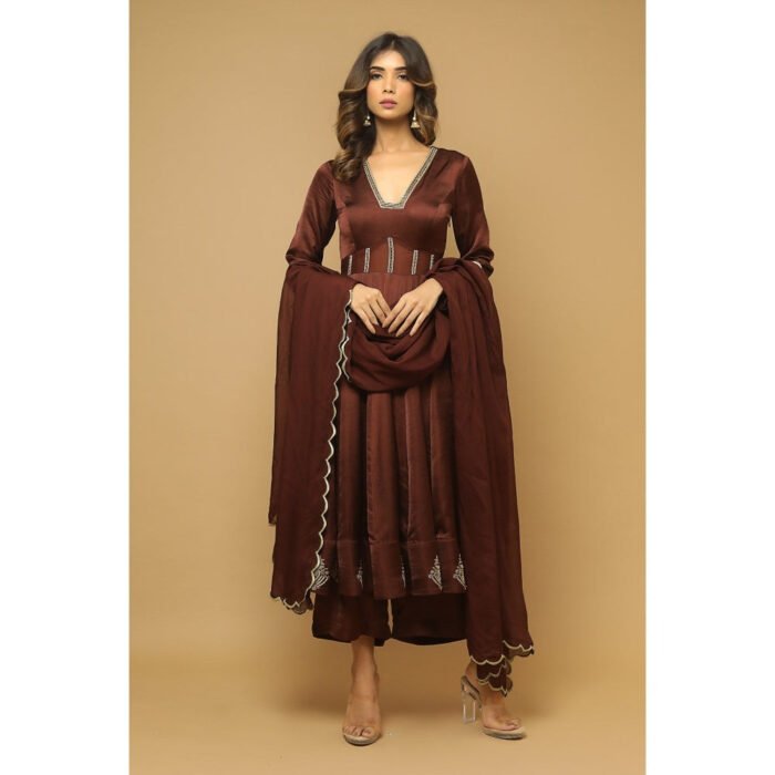 Hello Hi Brown Anarkali Satin Suit (Set of 3)