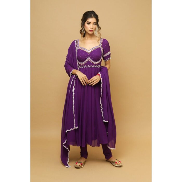Hello Hi Dark Purple Anarkali Suit (Set of 3)