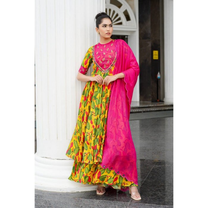 Hello Hi Multicolor Ginger Flower Yoke Anarkali with Bustier Pant and Dupatta (Set of 4)