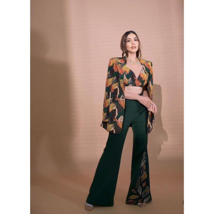 Hello Hi Leaf Print Coat with Bralette and Trouser (Set of 3)