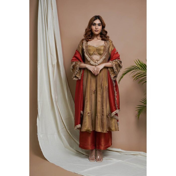 Hello Hi Golden Tissue Silk Anarkali Kurta with Palazzo and Dupatta (Set of 3)