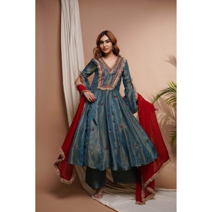Hello Hi Blue Red Tissue Silk Anarkali Kurta with Palazzo and Dupatta (Set of 3)