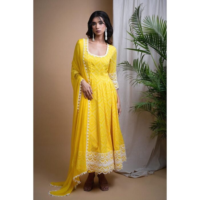 Hello Hi Yellow Bandhani Digital Print Anarkali Kurta with Palazzo and Dupatta (Set of 3)