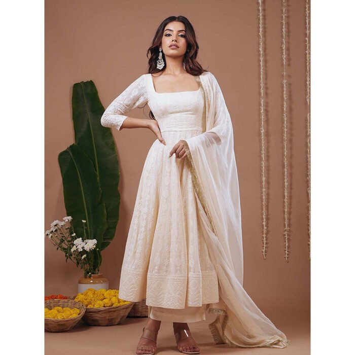 Hello Hi Ivory Chikankari Square Neck Floral Anarkali with Palazzo and Dupatta