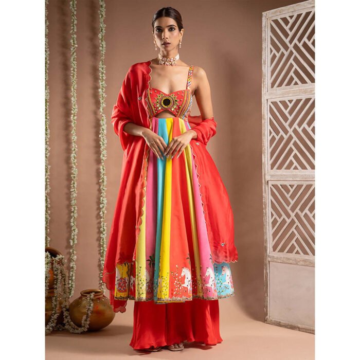Hello Hi Red Crepe Sweetheart Printed Anarkali with Palazzo and Dupatta
