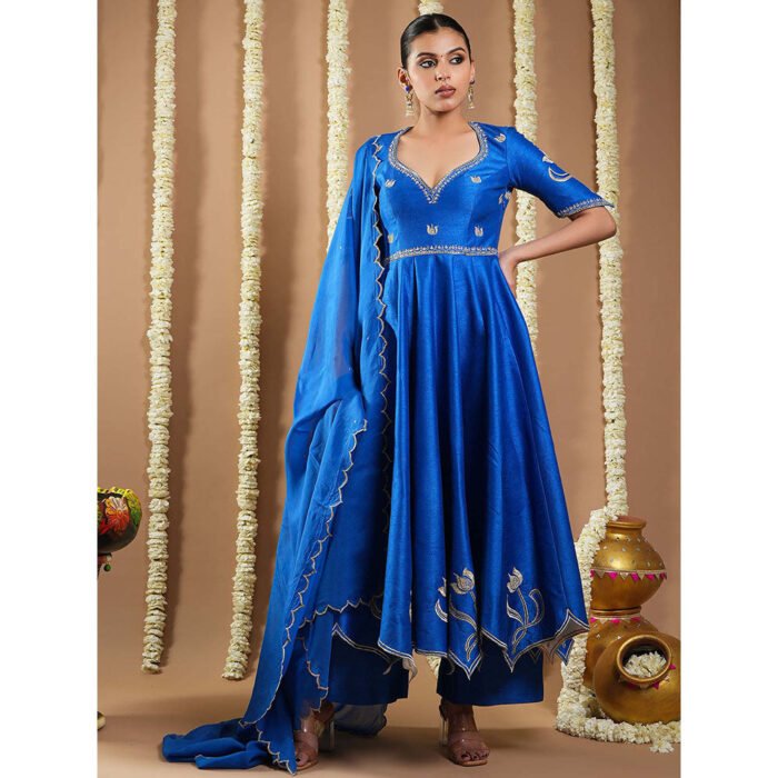 Hello Hi Blue Silk Sweetheart Embroidered Anarkali with Palazzo and Dupatta