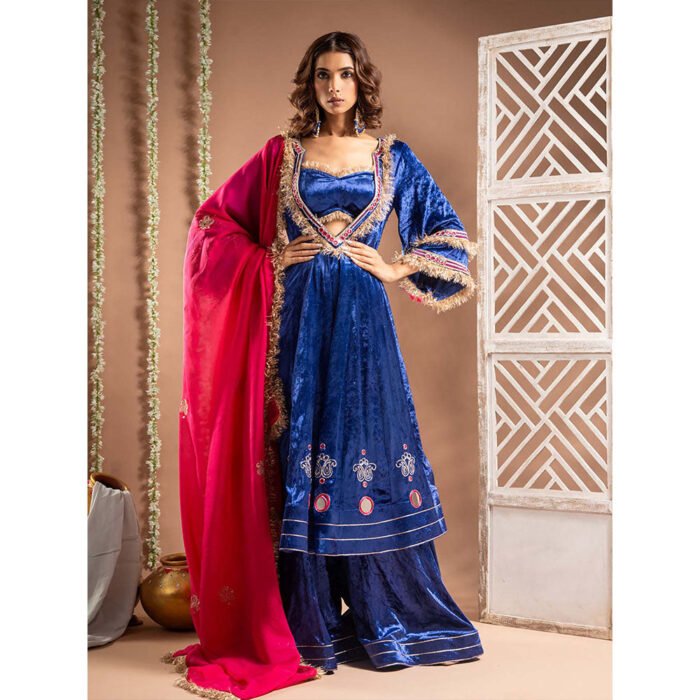 Hello Hi Blue Velvet Sweetheart Embroidered Anarkali with Blouse with Palazzo with Dupatta