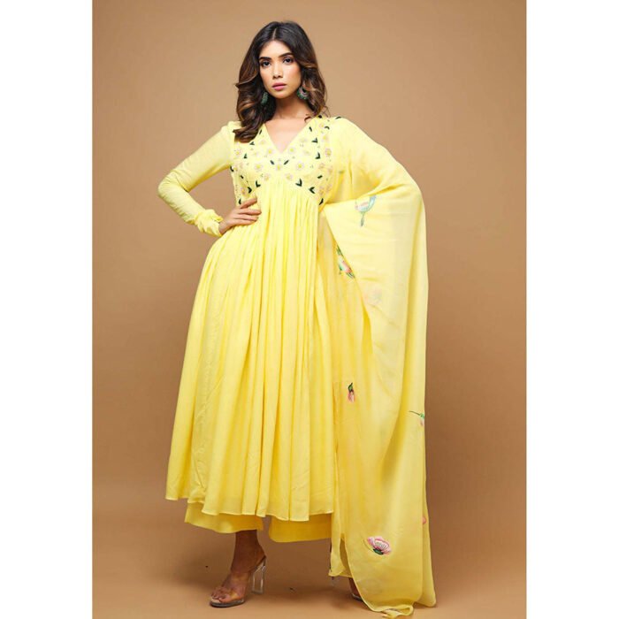 Hello Hi Yellow Modal V-Neck Floral Anarkali with Palazzo and Dupatta