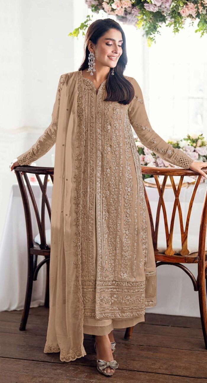 Women's Beige Embroidered Georgette Semi-Stitched Pakistani Salwar Suit