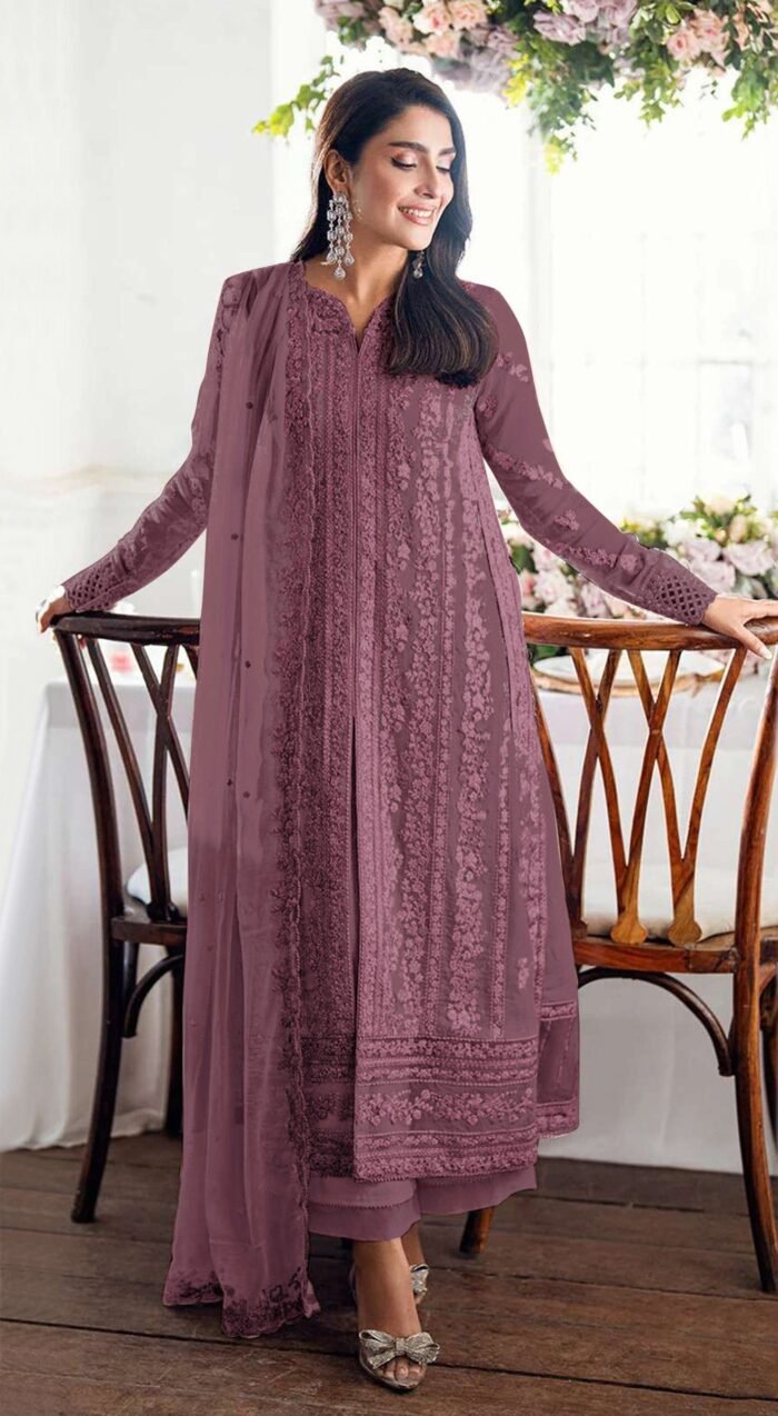 Women's Mauve Embroidered Georgette Semi-Stitched Pakistani Salwar Suit