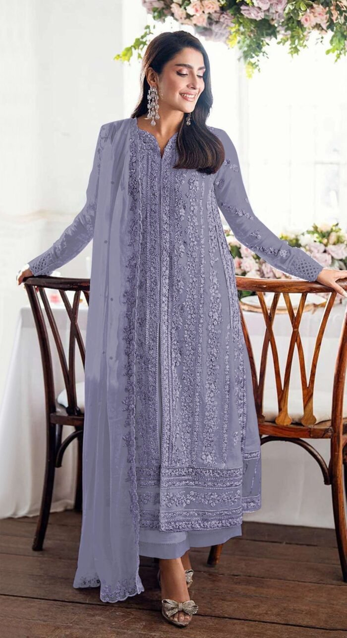 Women's Purple Embroidered Georgette Semi-Stitched Pakistani Salwar Suit