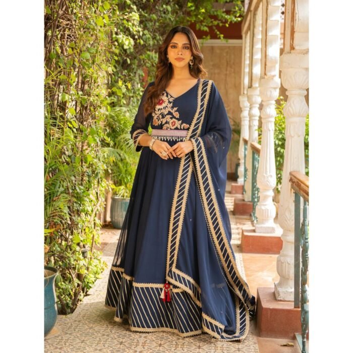 Hello Hi Anjum Navy Blue Anarkali Kurta and Churidar with Dupatta (Set of 3)