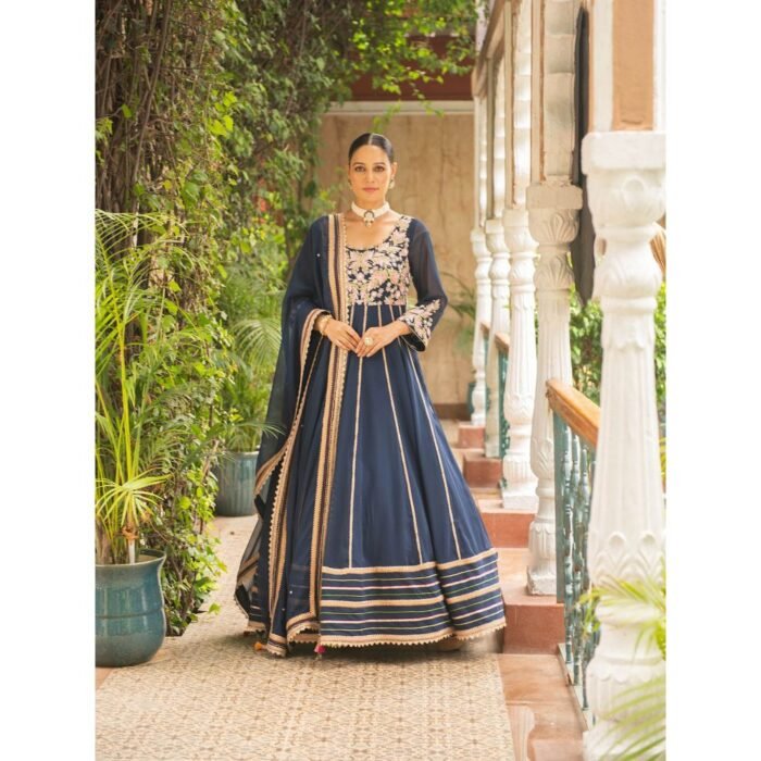Hello Hi Khoobsurat Navy Blue Anarkali Kurta - Churidar and Dupatta (Set of 3)