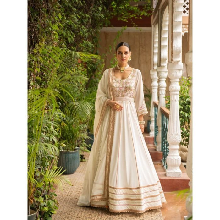 Hello Hi Khoobsurat Ivory Anarkali Kurta- Churidar and Dupatta (Set of 3)