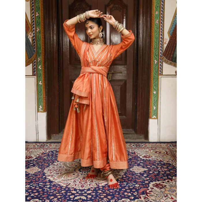 Hello Hi Rust Tassel Embroidered Anarkali with Pant and Dupatta (Set of 3)