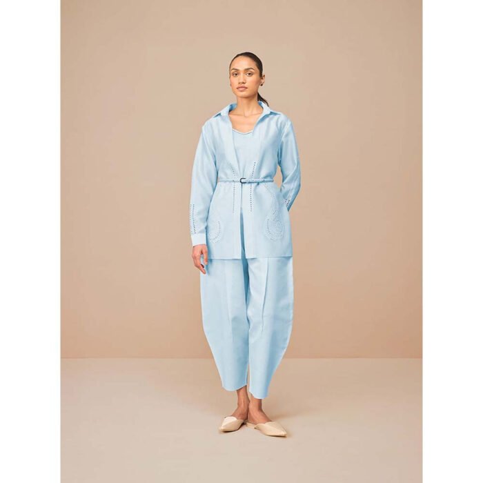 Hello Hi Blue Elea Self Design Collar Neck Co-Ord (Set of 4)