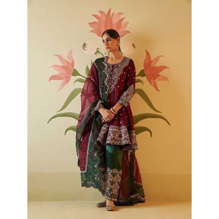 Hello Hi Wine Satin Silk Anarkali Kurta with Pant & Dupatta (Set of 3)