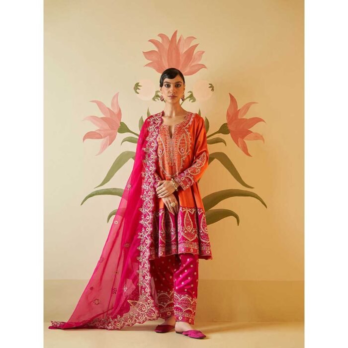 Hello Hi Orange Satin Silk Anarkali Kurta with Pant & Dupatta (Set of 3)