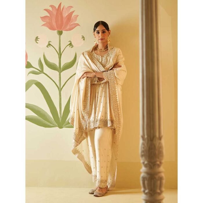 Hello Hi Ivory Chanderi Silk Anarkali Kurta with Pant & Dupatta (Set of 3)