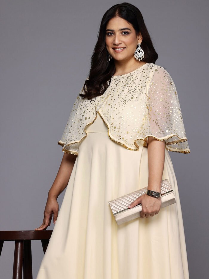 Women's Off White Crepe Printed Boat Neck Gown
