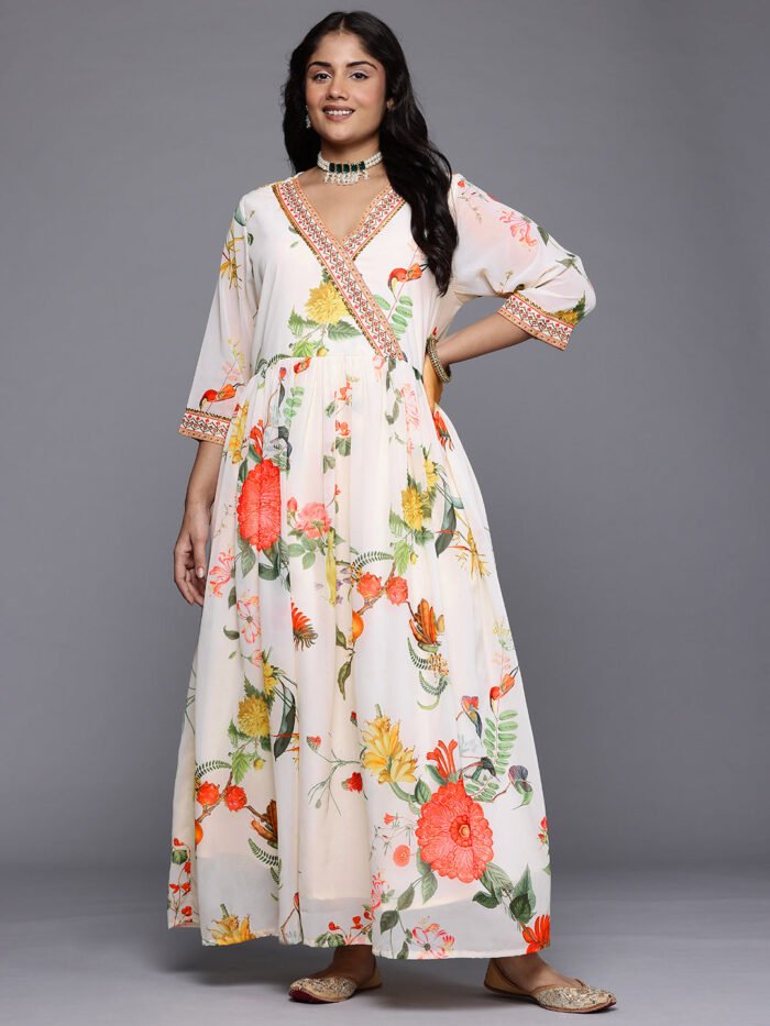 Women's Off White Georgette Printed V-Neck Gown