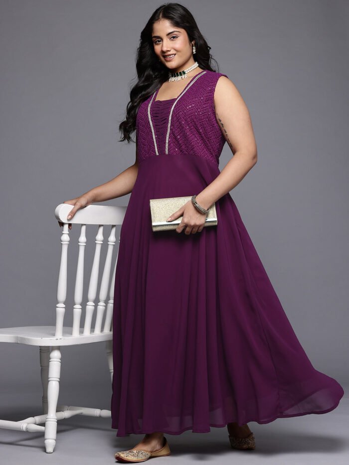 Women's Purple Georgette Printed V-Neck Gown