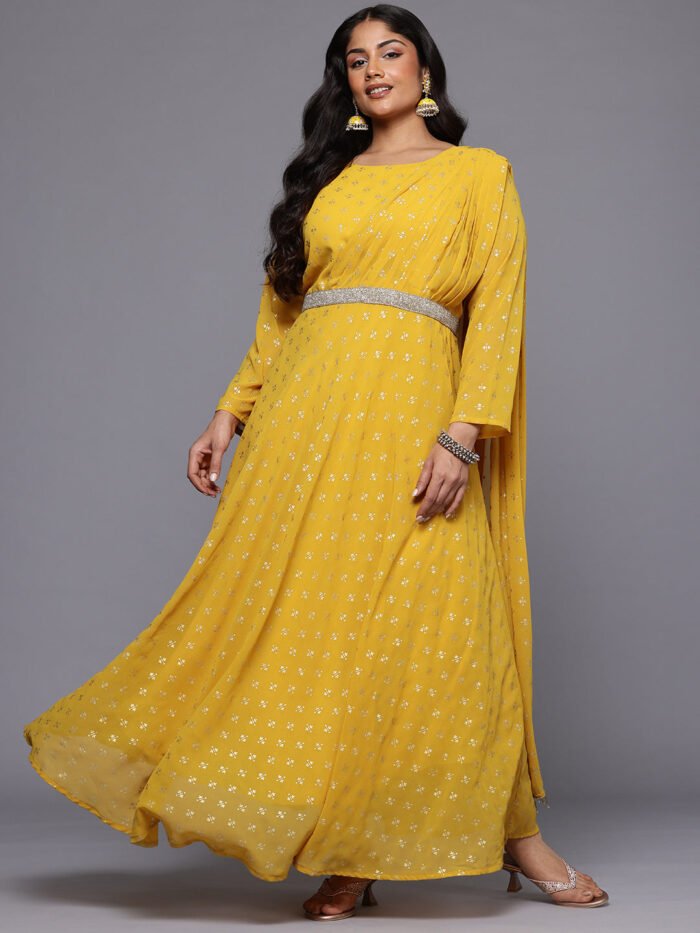 Women's Mustard Georgette Printed Boat Neck Gown