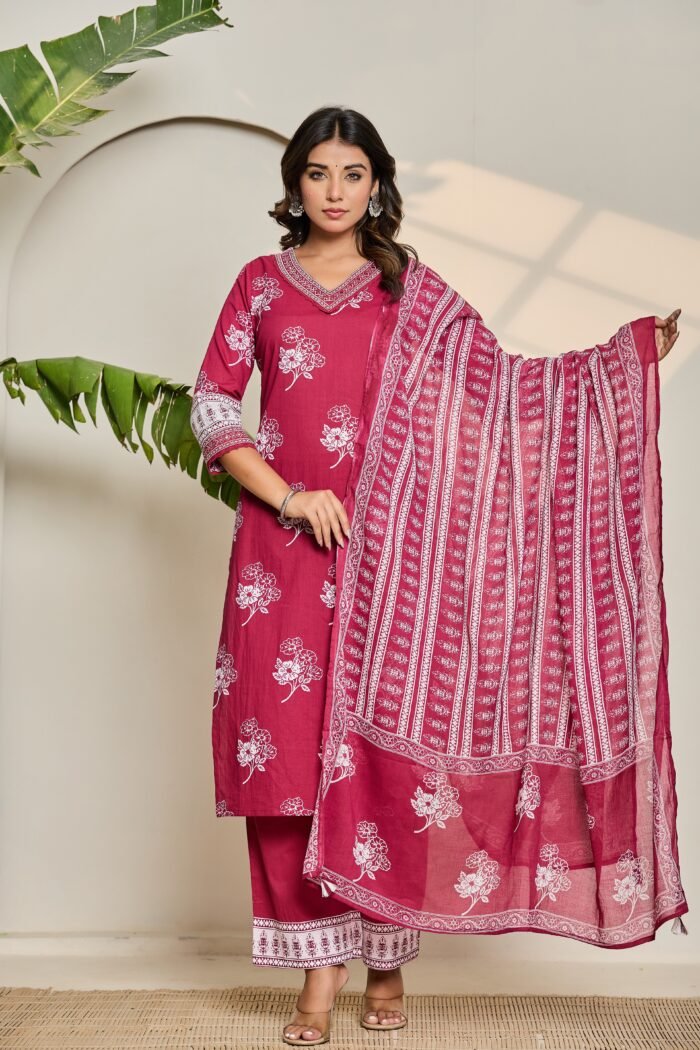 Women's Fuchsia Pure Cotton Solid Kurta Set