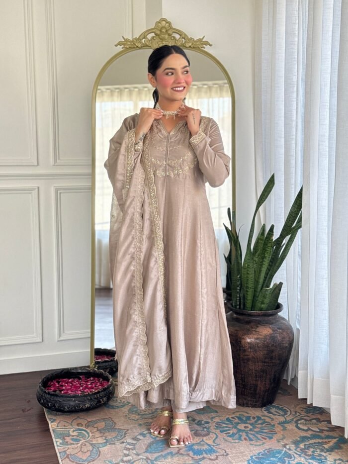 Women's Chiku Embroidery Worked Anarkali Kurta With Pant And Duppata Set