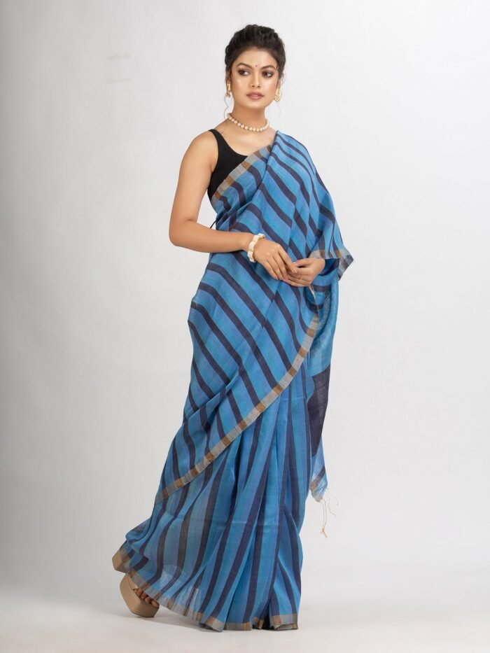 Women's Sky blue And Black Silk Lilne Ckeck Handloom saree