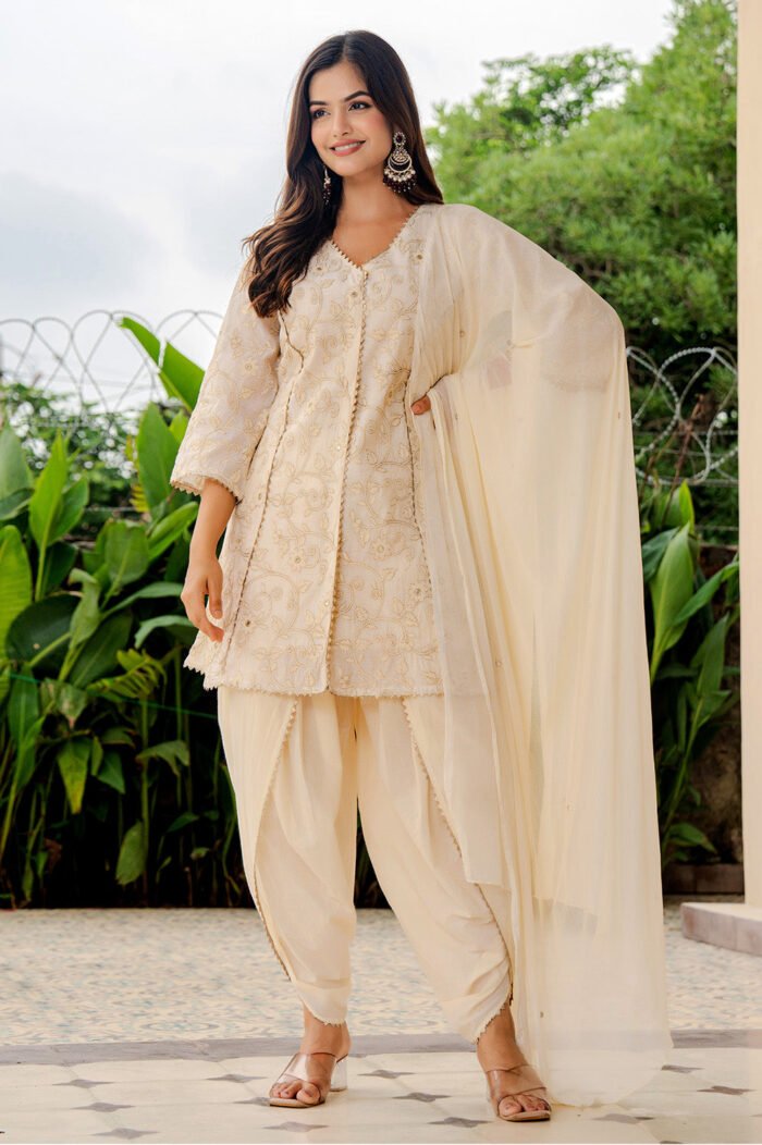 Cream Chanderi Embroidered And Gota-Patti Work Suit With Dhoti Style Pant