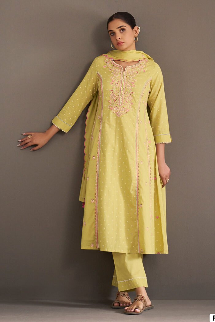 Olive Green Cotton Printed And Embroidered Suit