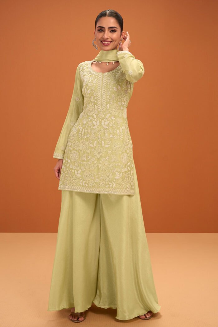 Pista Green Crepe Silk Cut-Dana and Resham Embroidered Suit with Palazzo