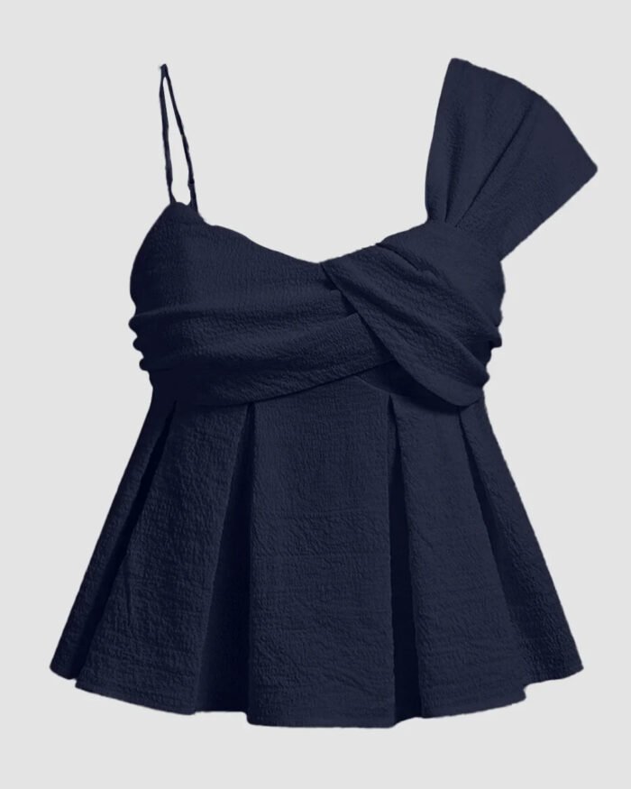Asymmetric One Shoulder Ruffle Peplum Textured Top in Blue