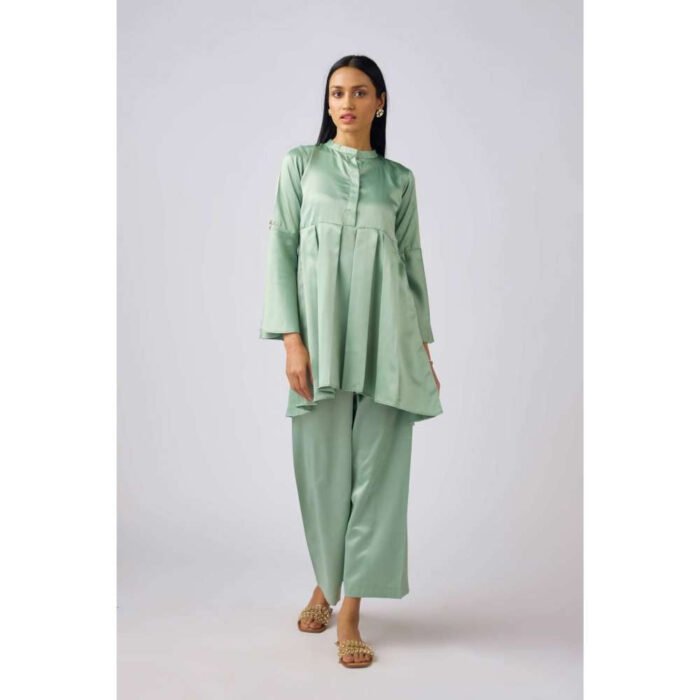 Hello Hi Pista Green Satin Solid Co-Ord (Set of 2)