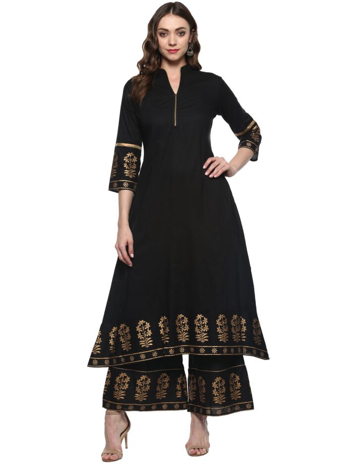 Women's Black And Gold-Toned Solid Kurta With Palazzos