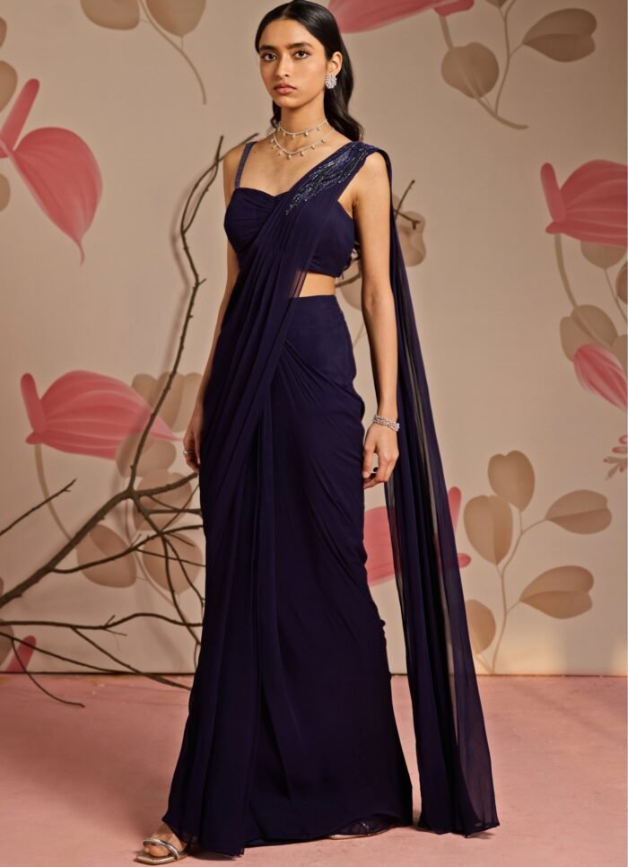 Midnight Blue Georgette Predraped Saree