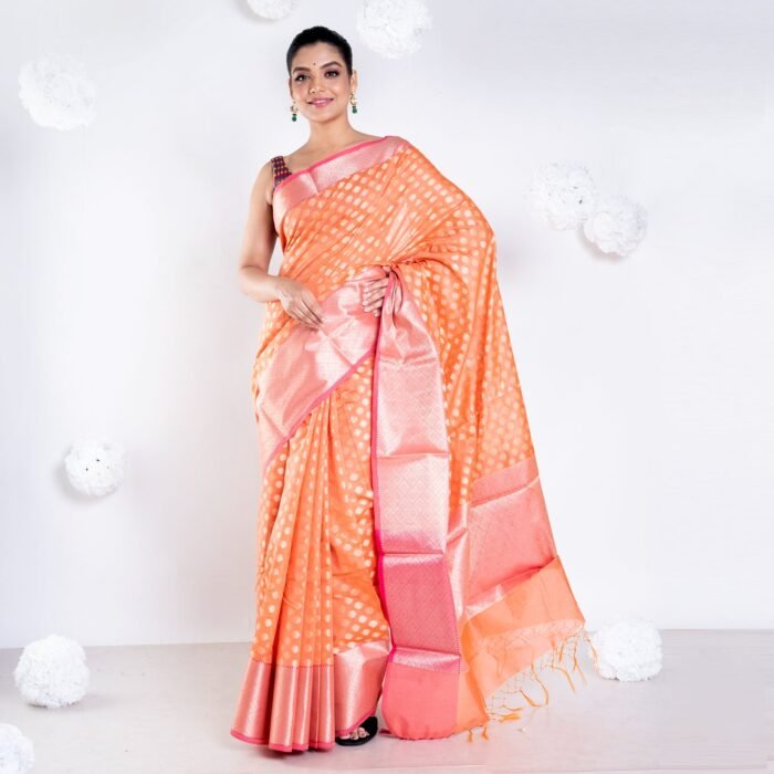 Women's Banarasi Kora Organza Saree In Sunset Orange Color With Golden Border And Booti